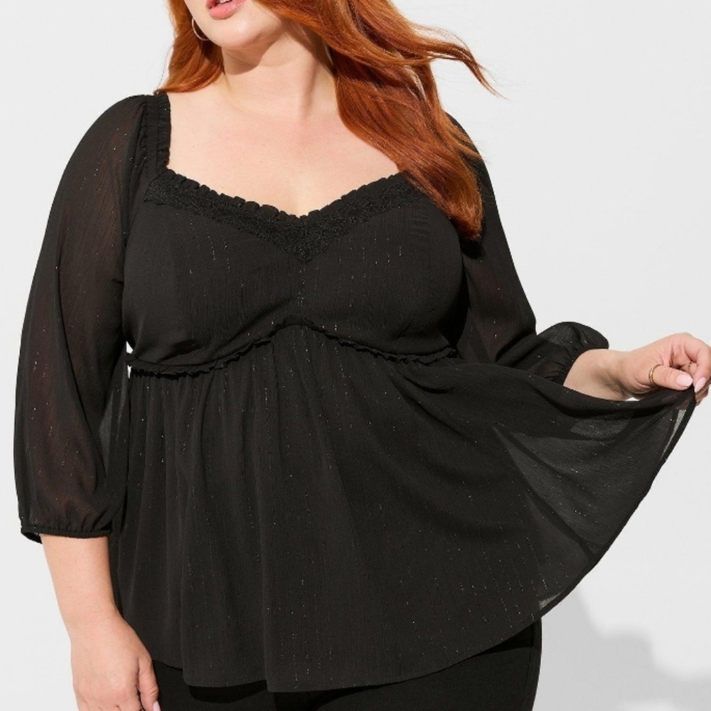 NWT Torrid Crinkle Chiffon Babydoll Top Black Sz 22/24 Plus Size Blouson Sleev